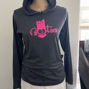 Lightweight hoody, grey with pink graphic.